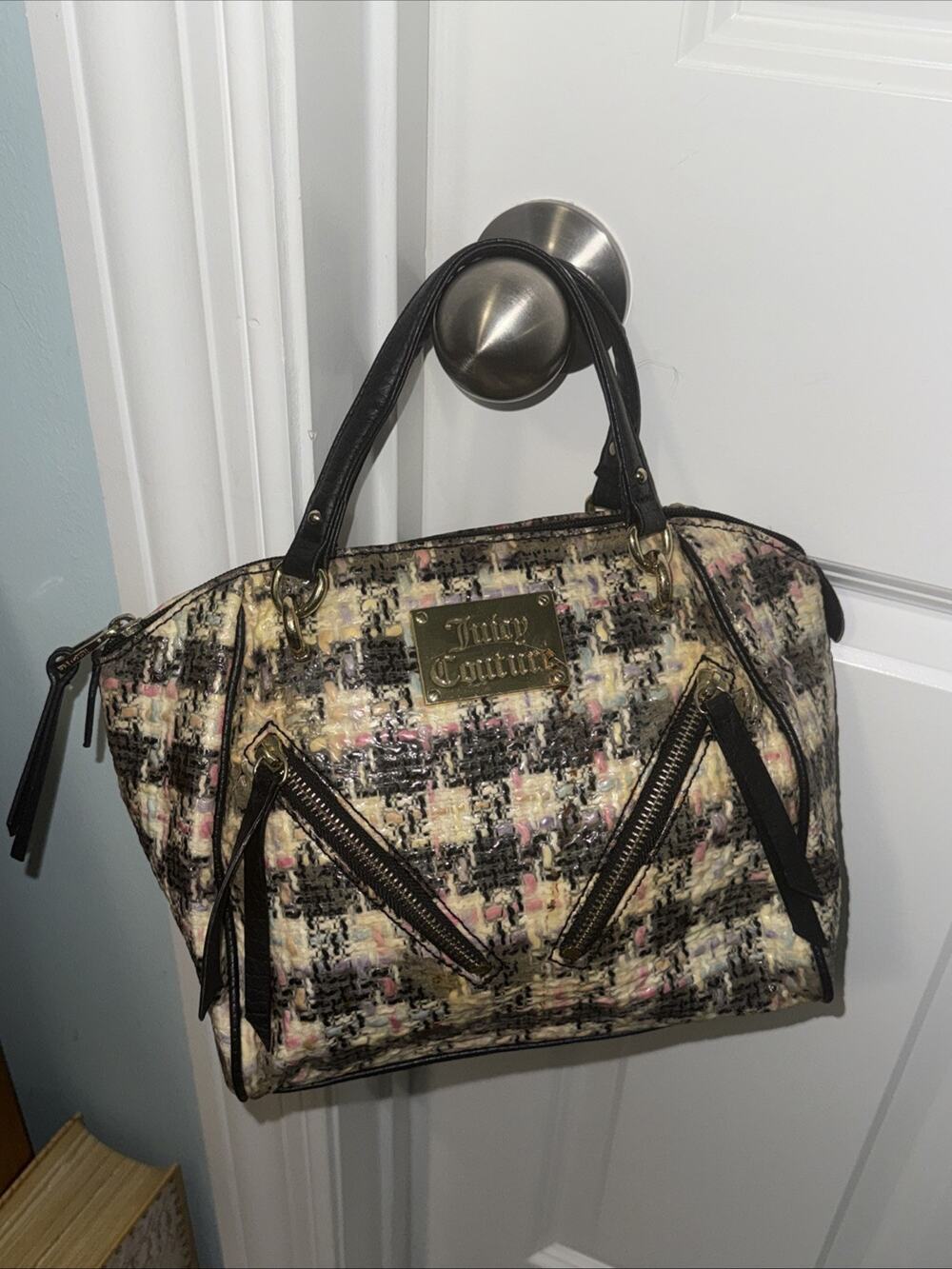 JUICY COUTURE Tweed Bag Purse Satchel Pink Cream Zipper Y2k Handbag